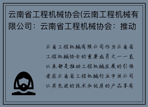 云南省工程机械协会(云南工程机械有限公司：云南省工程机械协会：推动工程机械发展的引领者)