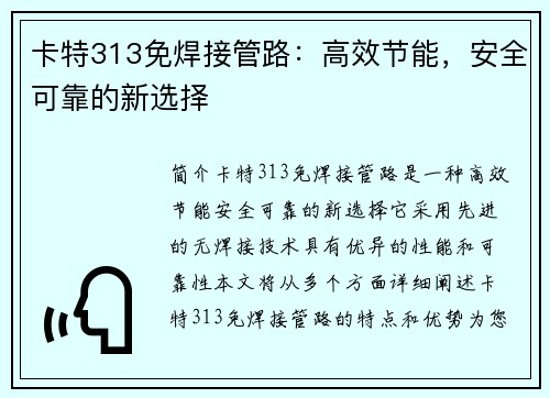卡特313免焊接管路：高效节能，安全可靠的新选择