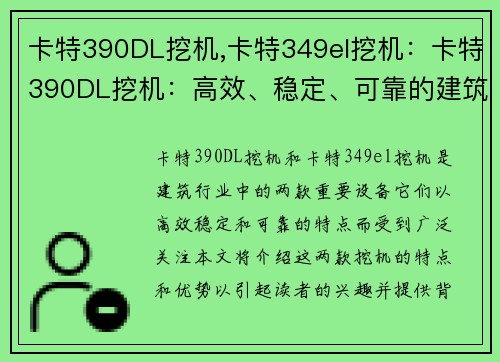卡特390DL挖机,卡特349el挖机：卡特390DL挖机：高效、稳定、可靠的建筑利器