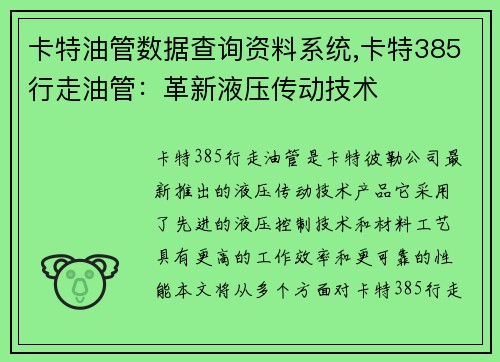 卡特油管数据查询资料系统,卡特385行走油管：革新液压传动技术