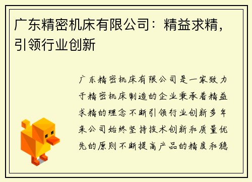 广东精密机床有限公司：精益求精，引领行业创新
